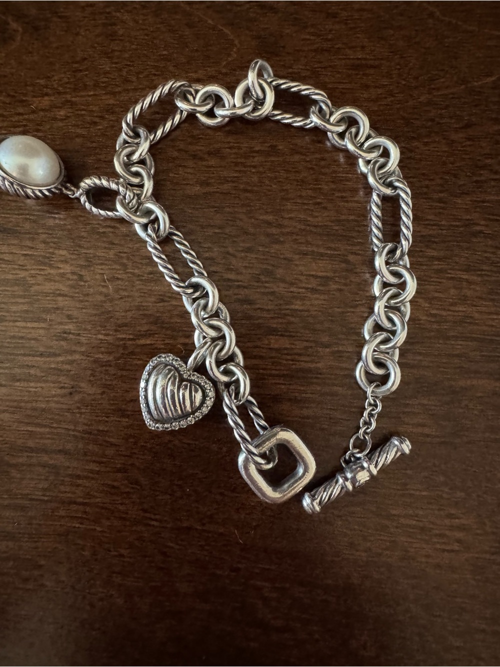 David Yurman Silver Heart Diamond /Pearl Charm Bracelet